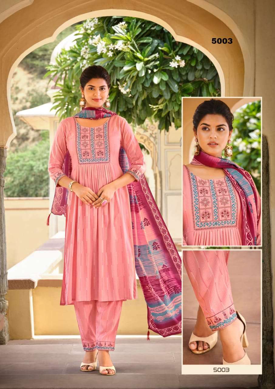 GULMAHOR VOL 2 PREMIUM LIVA TAG RAYON THREAD AND HANDWORK KURTI WITH PANT AND MUSLIN DIGITAL PRINT DUPATTA BY S3FOREVER BRAND 5003